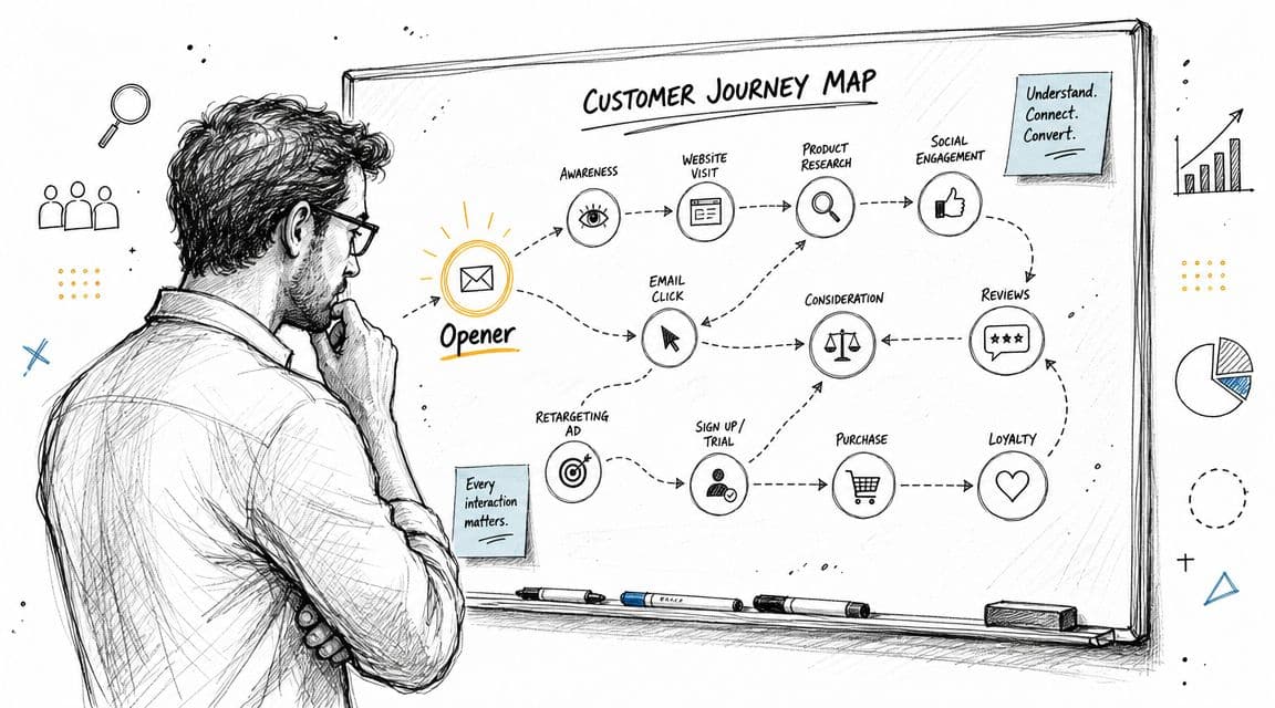 A professional man studying a detailed customer journey map on a whiteboard illustrating various marketing touchpoints.