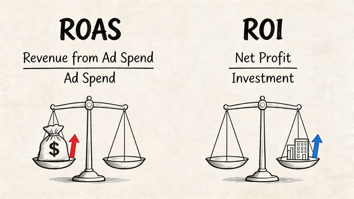 An infographic showing the formulas for calculating ROAS and ROI using balance scale illustrations as visual aids.