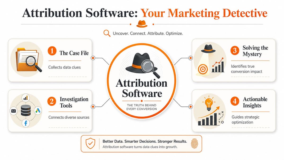 An infographic explaining how attribution marketing software acts like a detective to analyze conversion data and growth.
