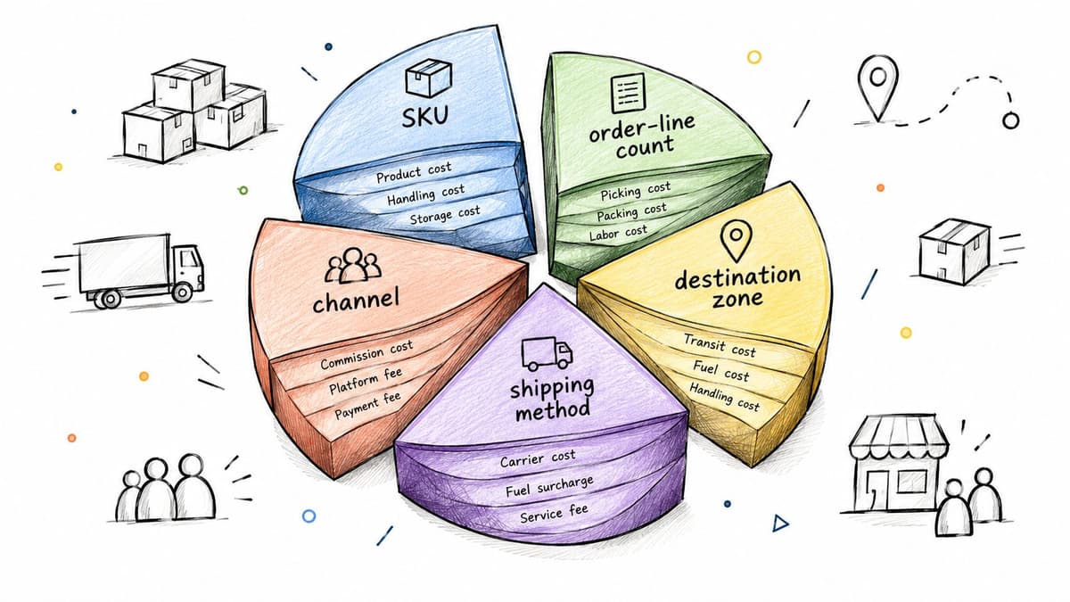 A diagram illustrating the different components of fulfillment costs including SKU, order-line count, channel, shipping method, and destination zone.
