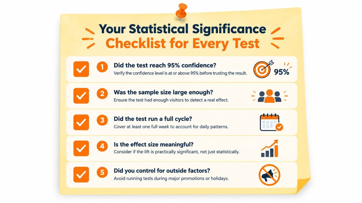 A yellow sticky note titled Your Statistical Significance Checklist for Every Test containing five key steps.