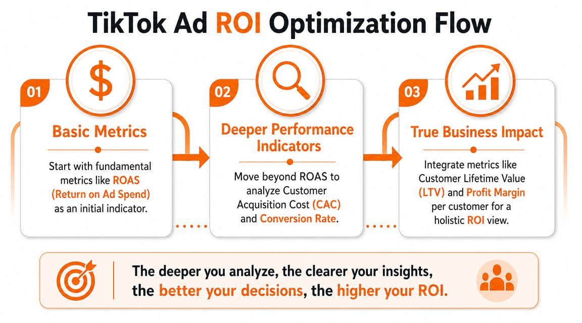 A three-step infographic showing the TikTok ad ROI optimization flow from basic metrics to business impact.