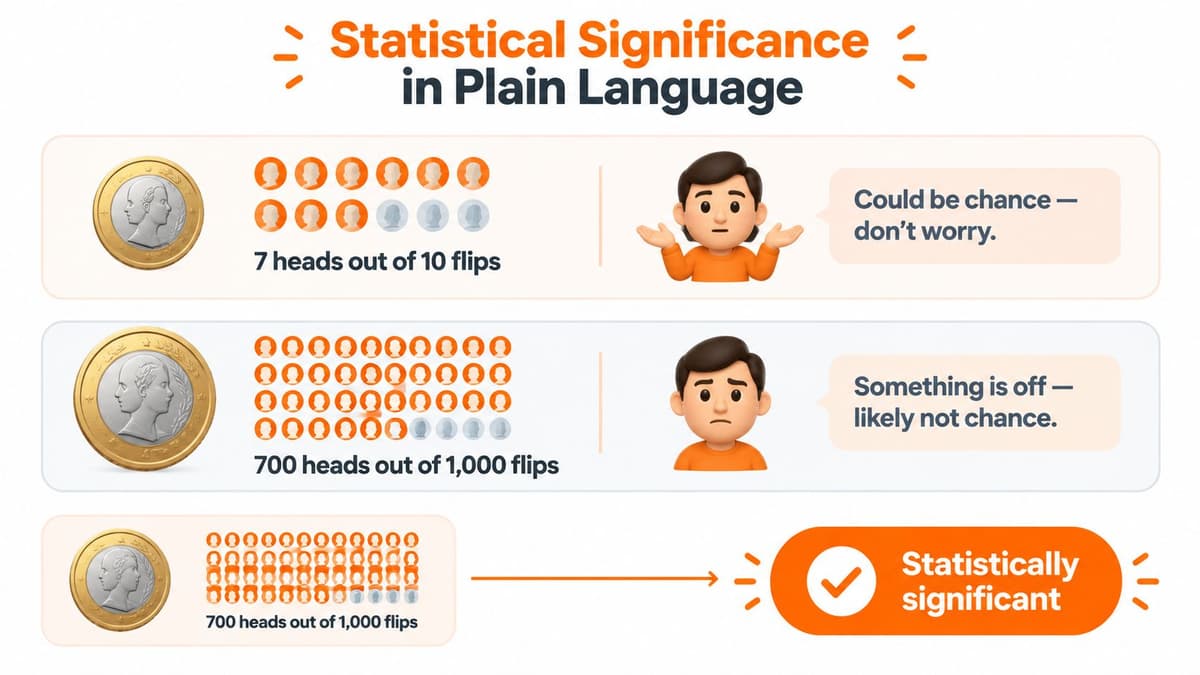 An infographic illustrating statistical significance by comparing two coin flip scenarios with different sample sizes.