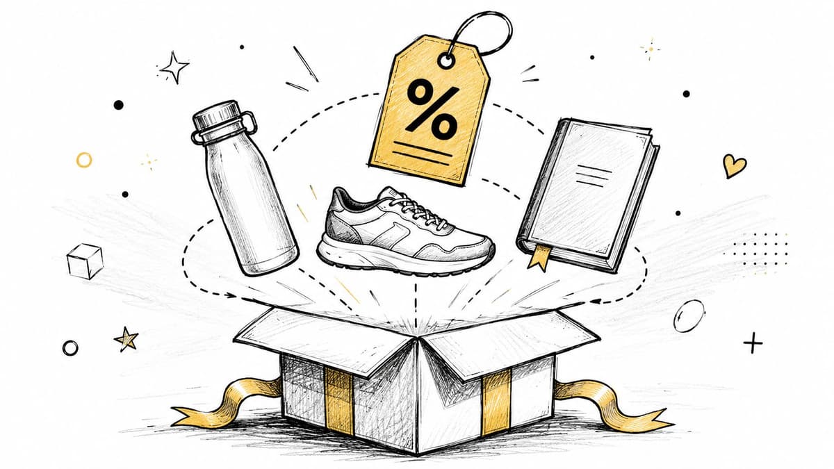 A sketched illustration of an open gift box with a water bottle, sneaker, book, and discount tag.