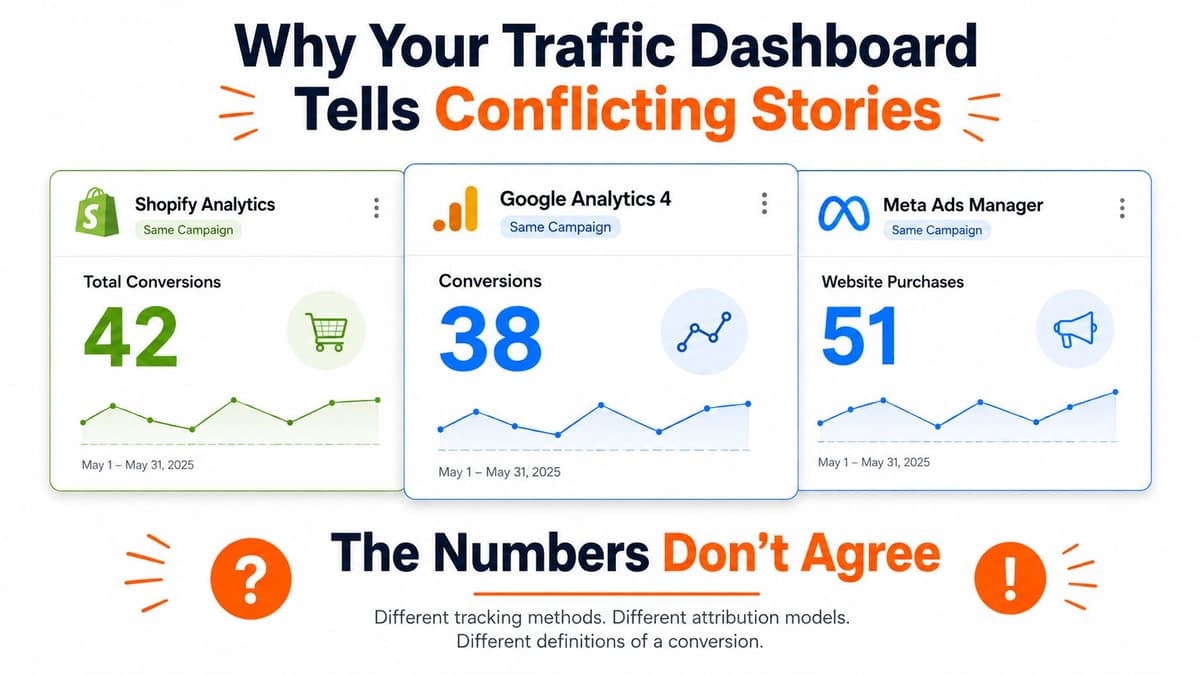 A comparison dashboard showing inconsistent conversion numbers across Shopify, Google Analytics 4, and Meta Ads Manager.