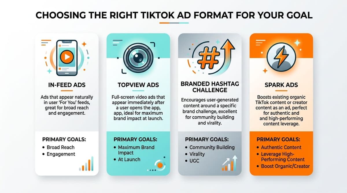 An infographic showing four different TikTok ad formats and their primary marketing goals for businesses.
