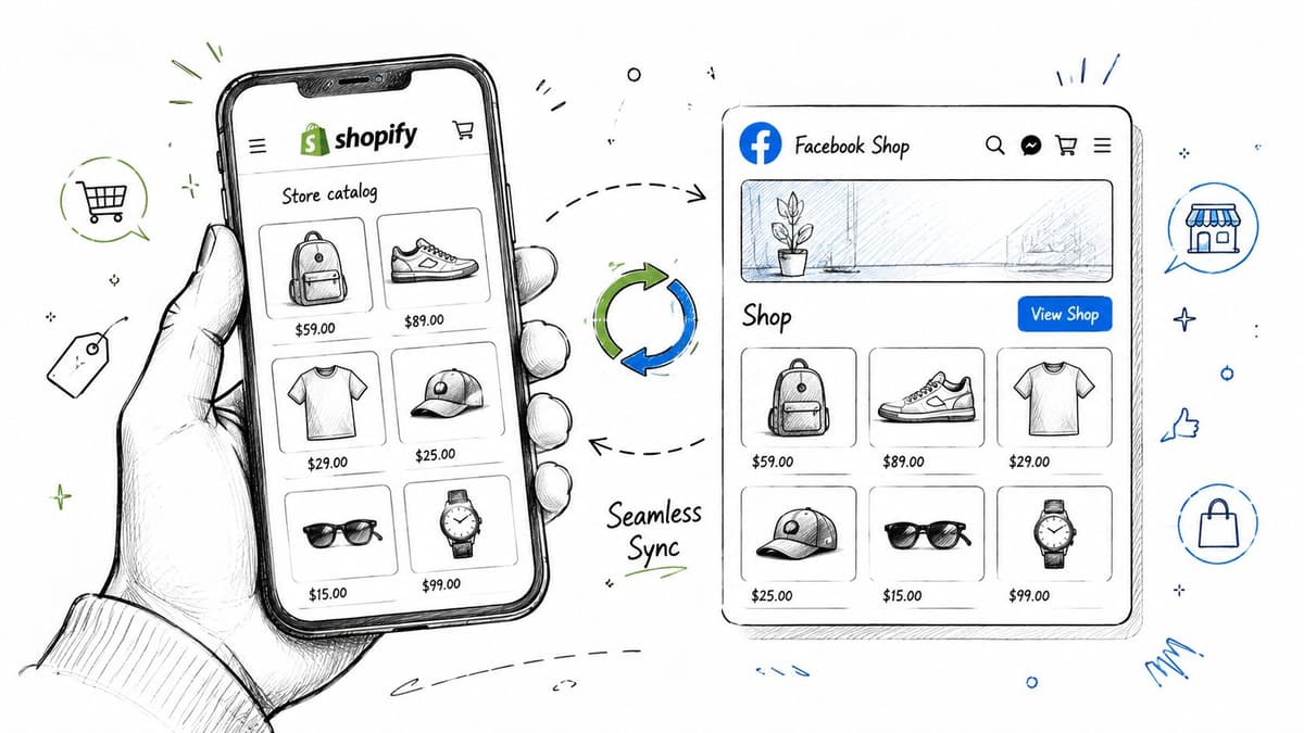 A hand holding a phone displaying a Shopify catalog syncing seamlessly with a Facebook Shop interface.