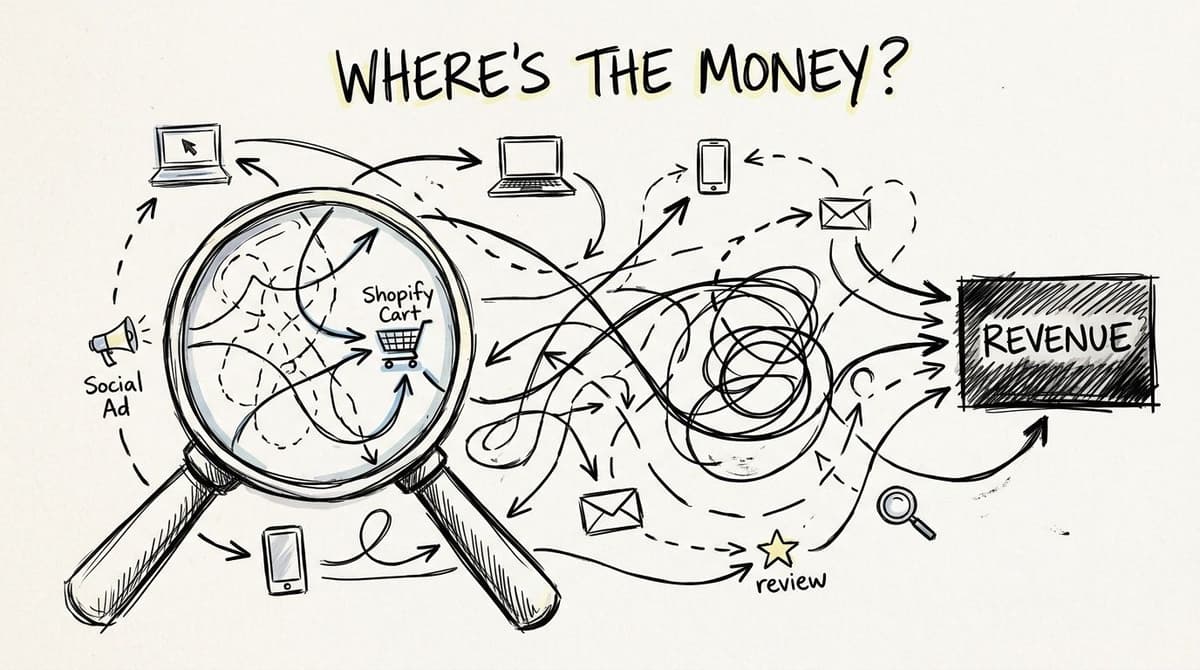 A hand-drawn sketch illustrating the complex and interconnected digital journey leading to business revenue generation.