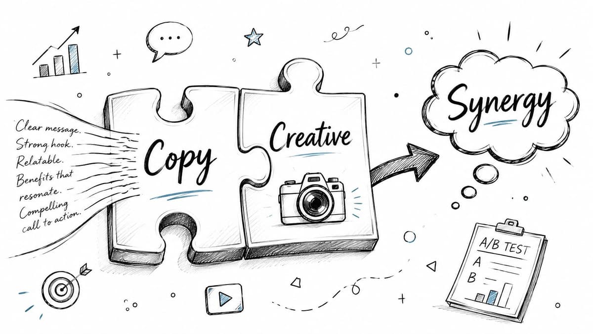A hand-drawn illustration showing puzzle pieces connecting Copy and Creative to achieve marketing synergy and results.