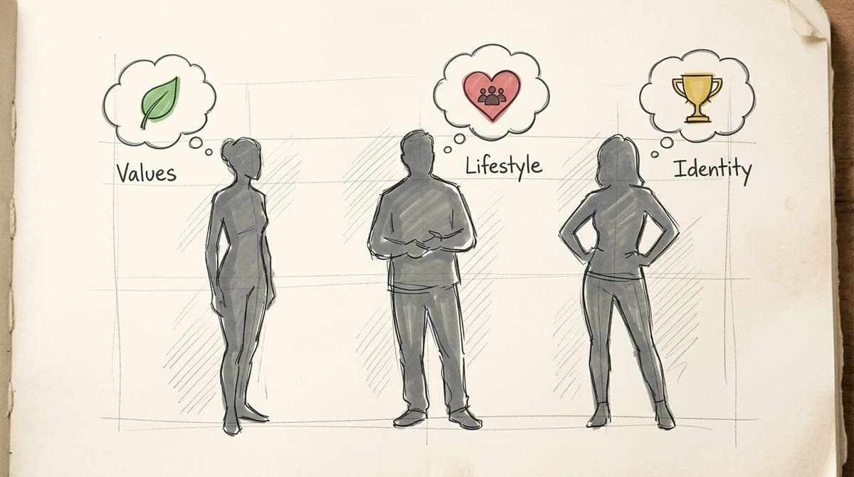A conceptual sketch showing three silhouettes representing values, lifestyle, and identity with corresponding illustrated icons above.