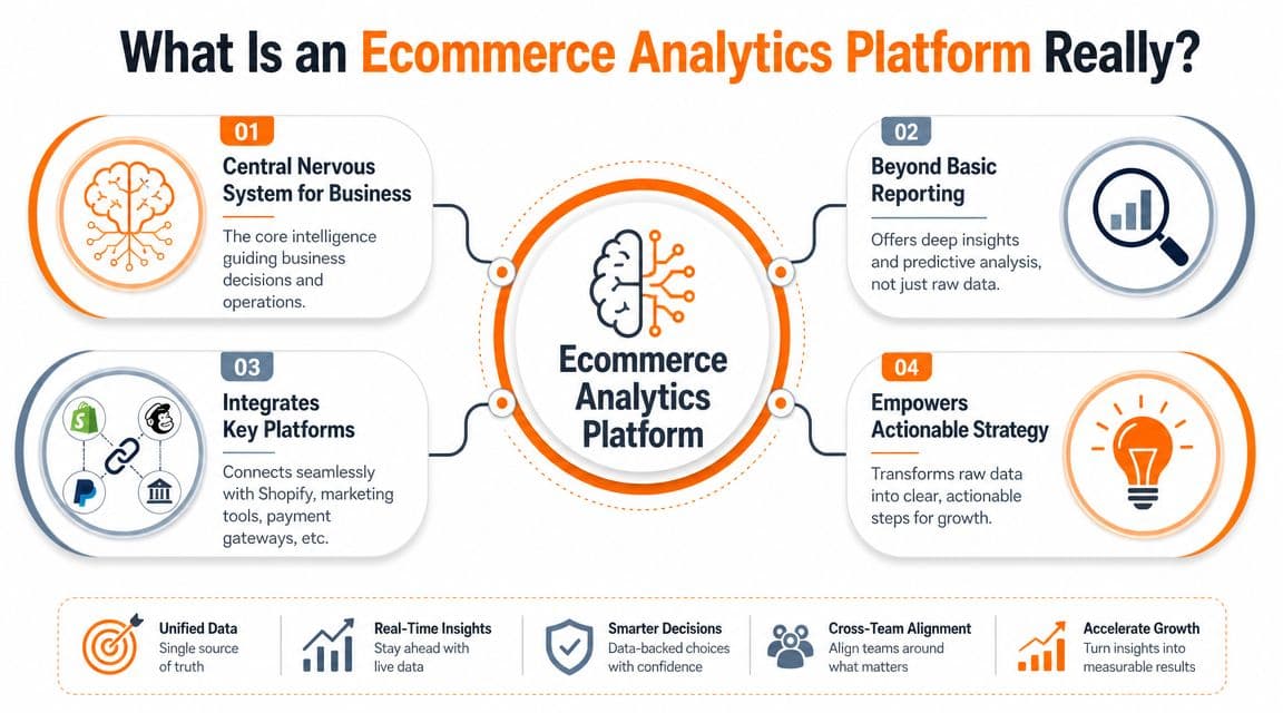 An infographic explaining the core functions and benefits of an ecommerce analytics platform for business operations.