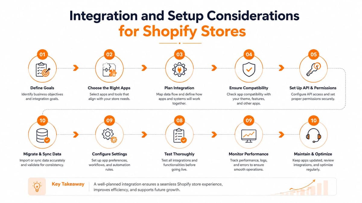 An infographic showing a ten-step workflow for successful Shopify store integration and technical setup processes.