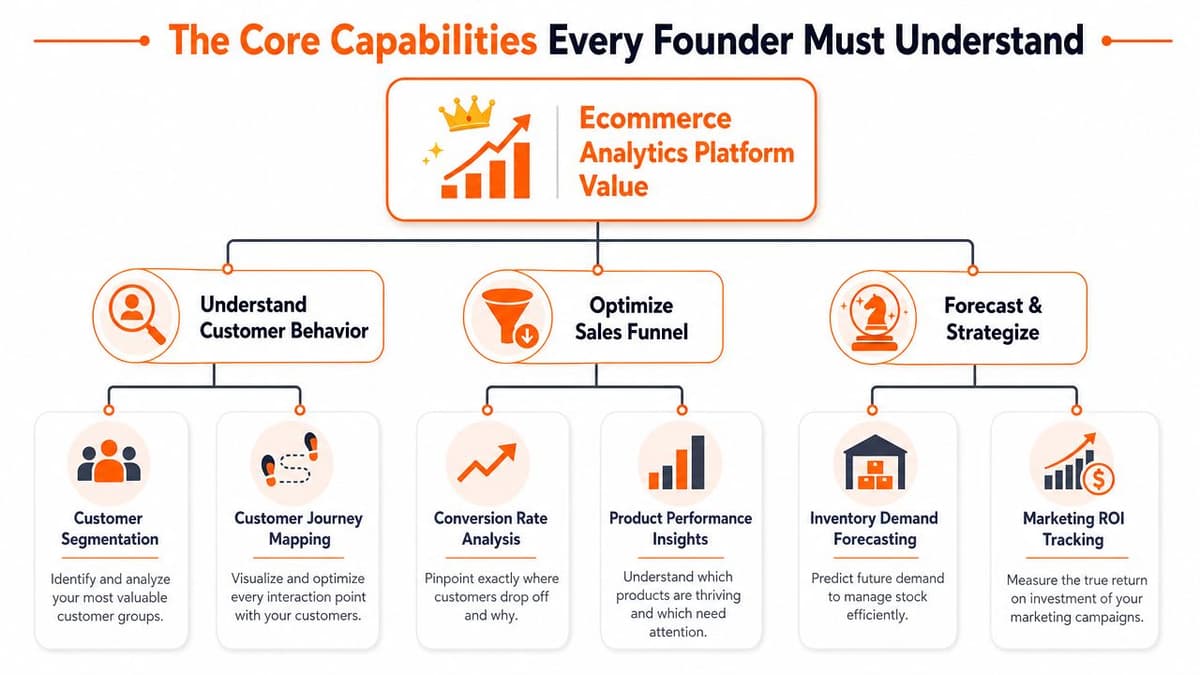 A diagram illustrating the core ecommerce analytics platform capabilities, including customer behavior, sales funnel, and strategy forecasting.