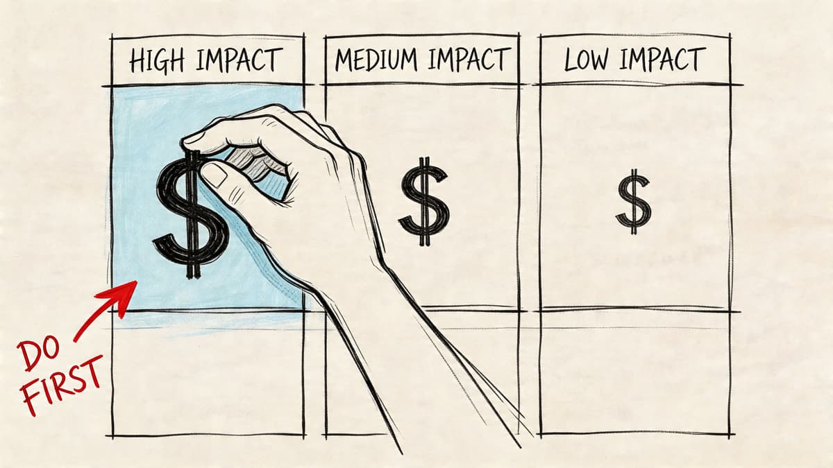 A hand placing a dollar sign into a high impact column to illustrate priority strategy.