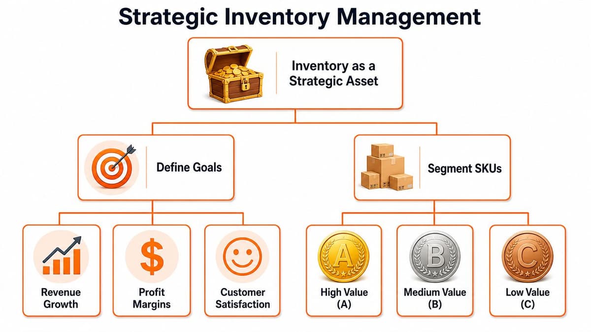 A flowchart showing Strategic Inventory Management principles, highlighting goal definition and SKU segmentation into three value categories.
