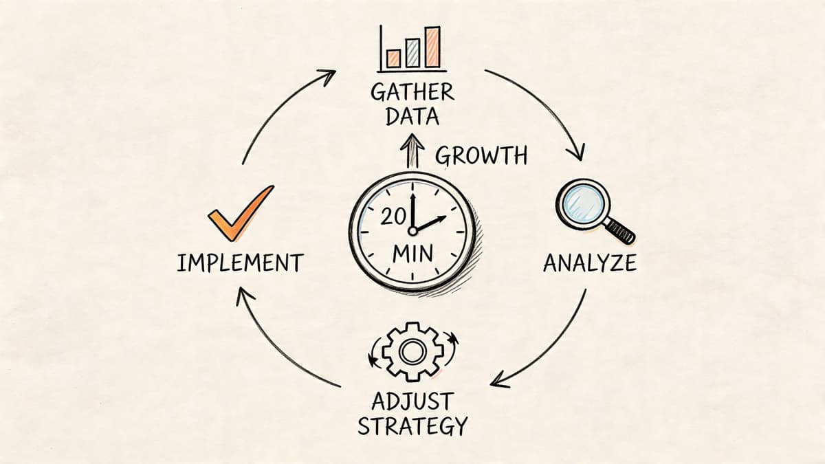 A cyclical process diagram illustrating four steps of growth: gather data, analyze, adjust strategy, and implement.