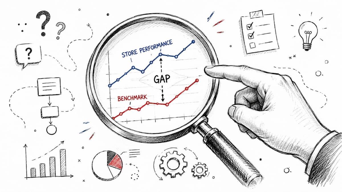 A hand holding a magnifying glass over a chart comparing store performance and industry benchmarks.