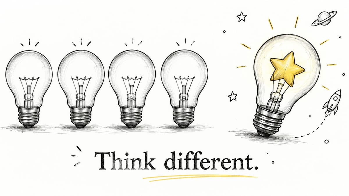 A hand-drawn illustration showing four plain lightbulbs and one glowing bulb containing a bright yellow star.