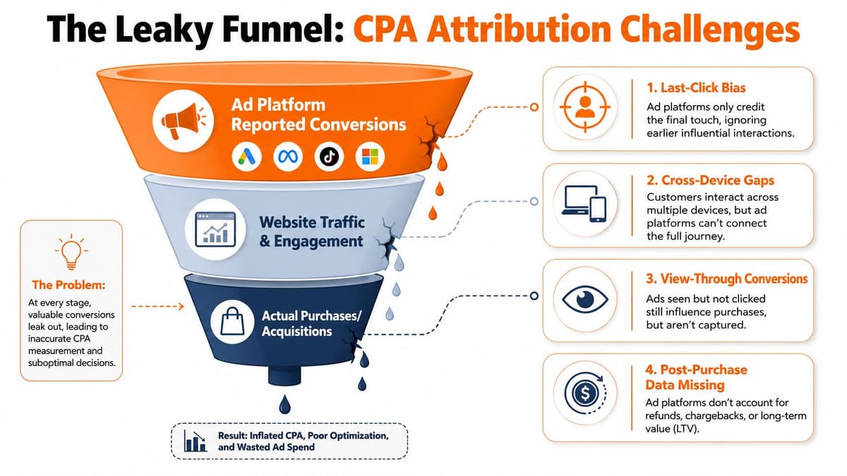 A funnel diagram illustrating common CPA attribution challenges including last-click bias, cross-device gaps, and missing data.