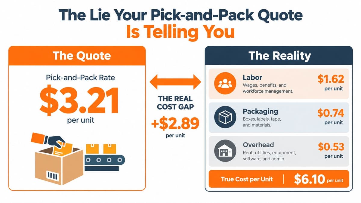 An infographic comparing a deceptive pick-and-pack quote of $3.21 to the true cost of $6.10 per unit.