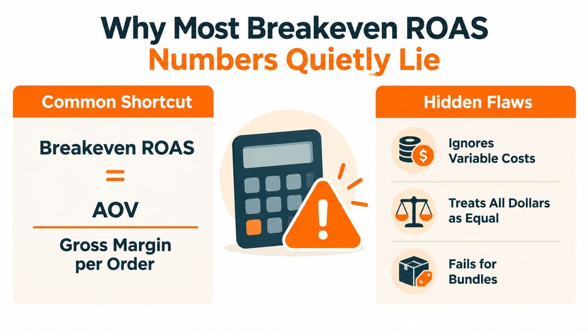 An infographic titled Why Most Breakeven ROAS Numbers Quietly Lie, displaying a formula and three hidden flaws.