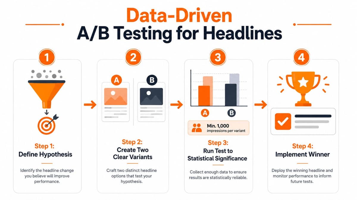 An infographic showing a four-step data-driven A/B testing process for improving website headlines.
