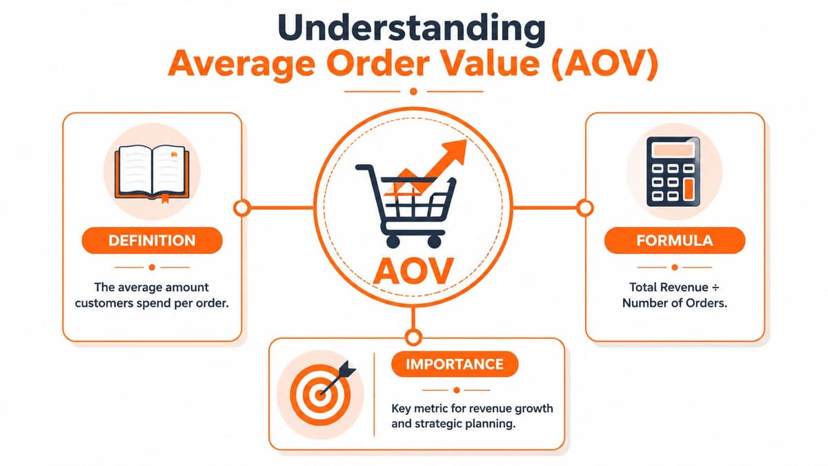 An infographic explaining that Average Order Value (AOV) is the average amount customers spend per order.