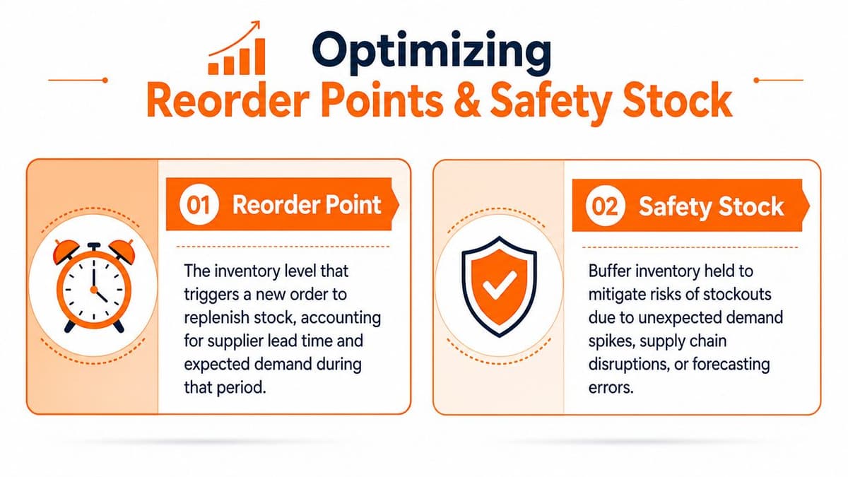 An infographic defining reorder point and safety stock as key concepts for inventory management and supply chain optimization.