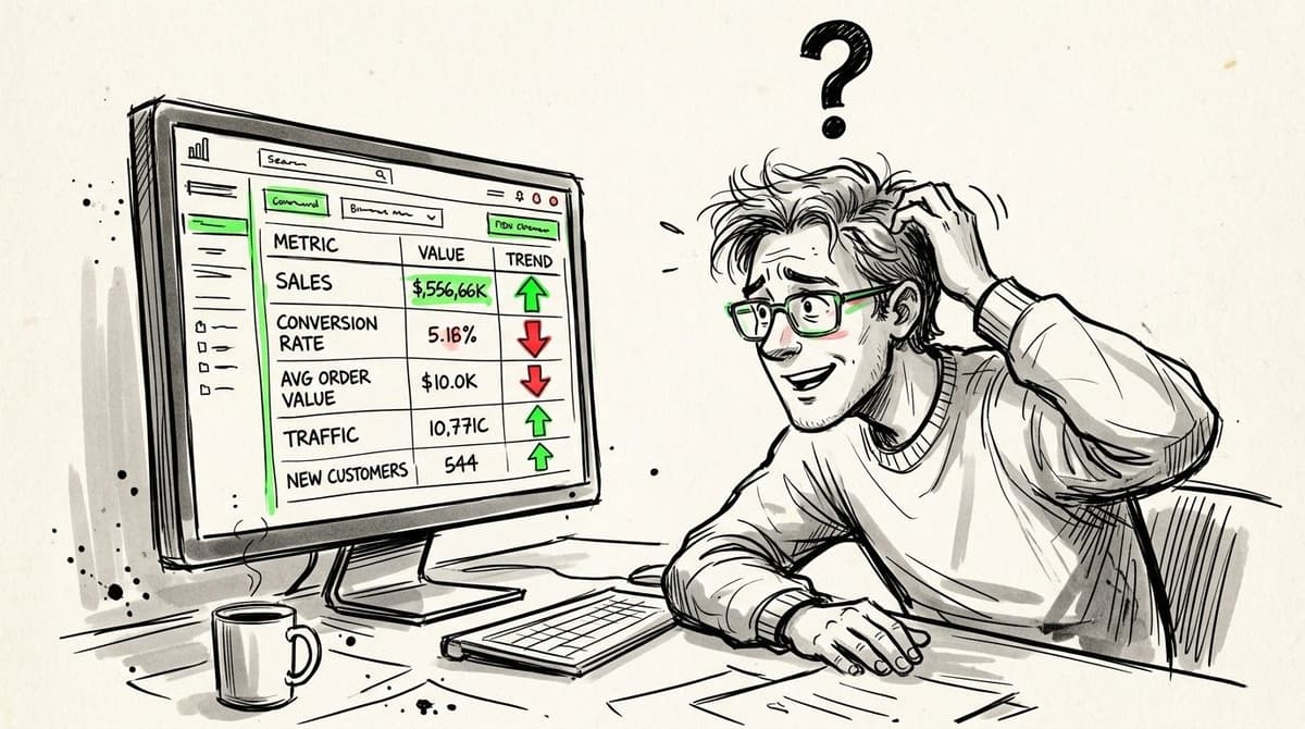 A confused person looking at an e-commerce dashboard showing mixed performance metrics on a computer monitor.