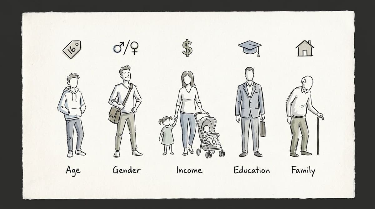 A hand-drawn illustration depicting five demographic categories representing customer segmentation: Age, Gender, Income, Education, and Family.