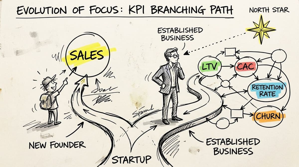 A hand-drawn illustration showing the shift from focusing on initial sales to complex metrics for established businesses.