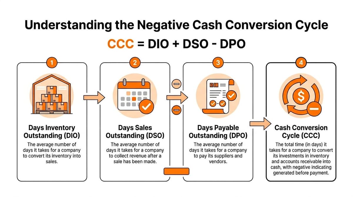 A diagram explaining the negative cash conversion cycle formula using DIO, DSO, and DPO steps.