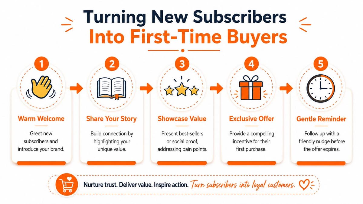 An infographic showing a five-step process for converting new email subscribers into first-time business customers.