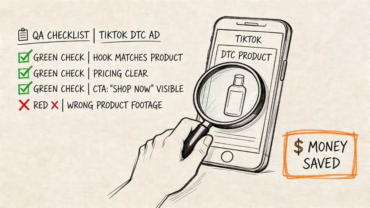 A hand holding a magnifying glass over a smartphone screen displaying a TikTok direct to consumer ad.