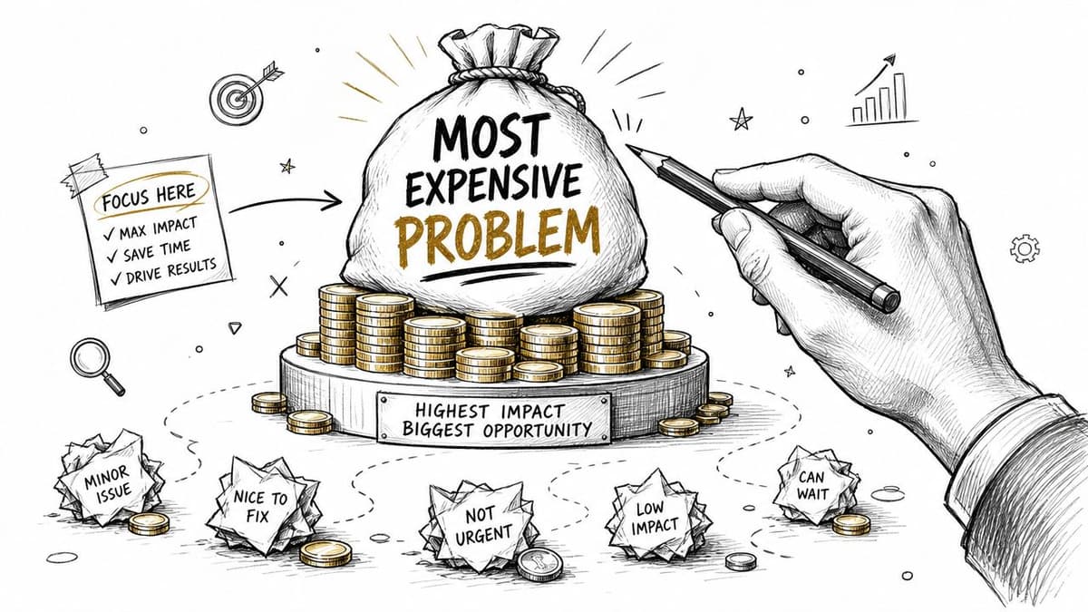 A hand drawing a strategy diagram about focusing on the most expensive business problem for maximum impact.