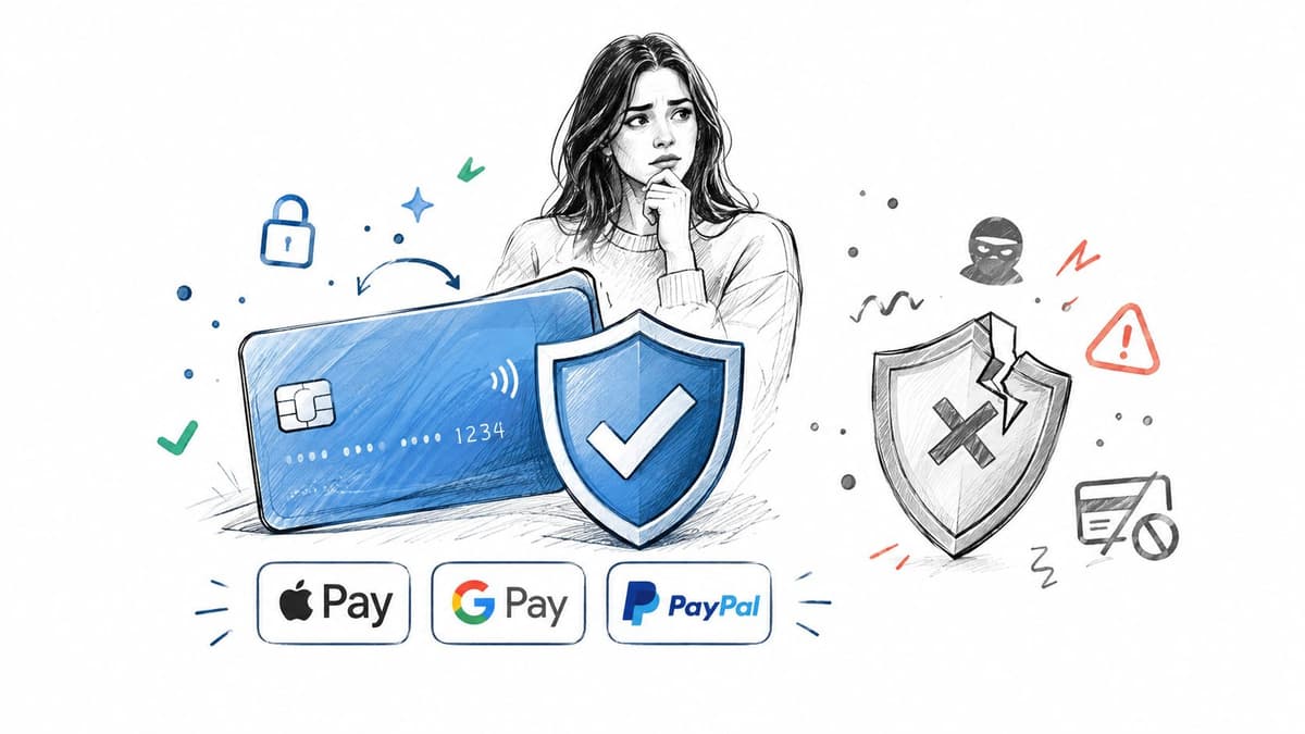 A sketched illustration of a woman considering digital payment security versus potential online credit card fraud risks.
