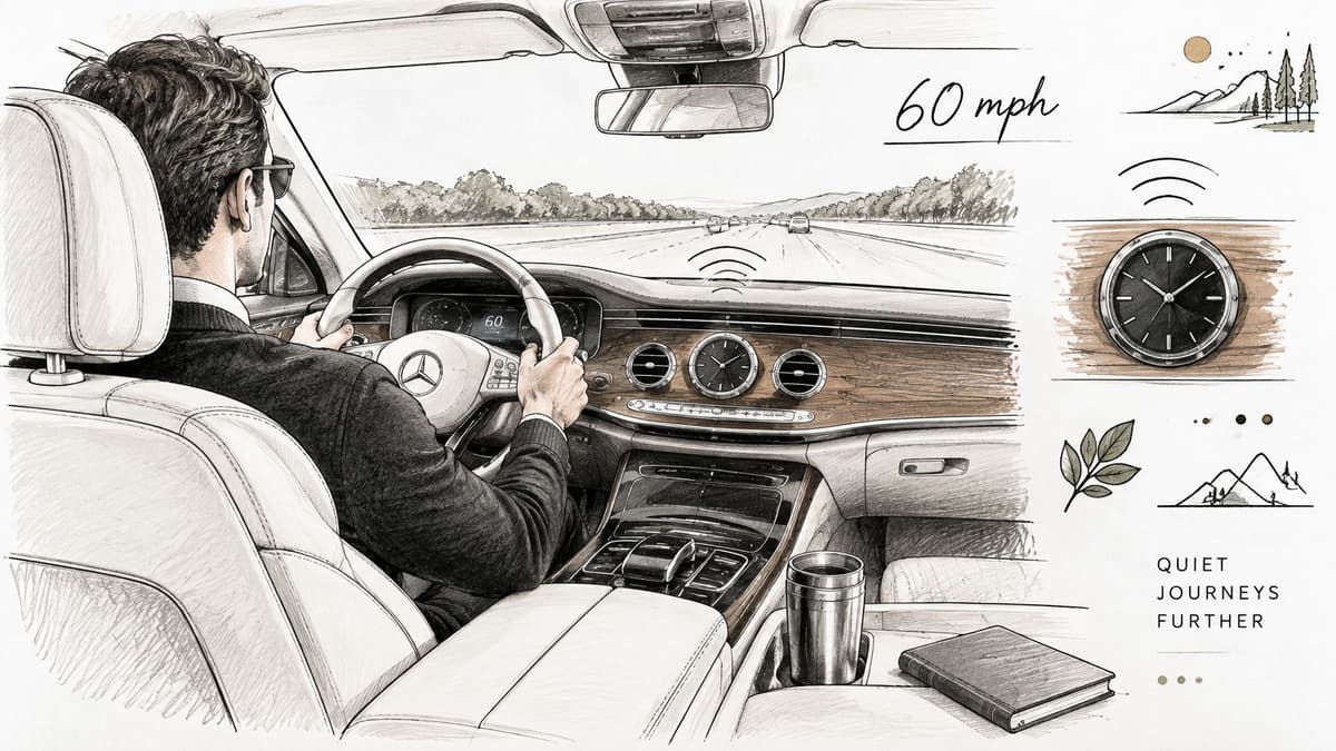 A pencil sketch of a driver behind a Mercedes steering wheel on a peaceful highway journey.
