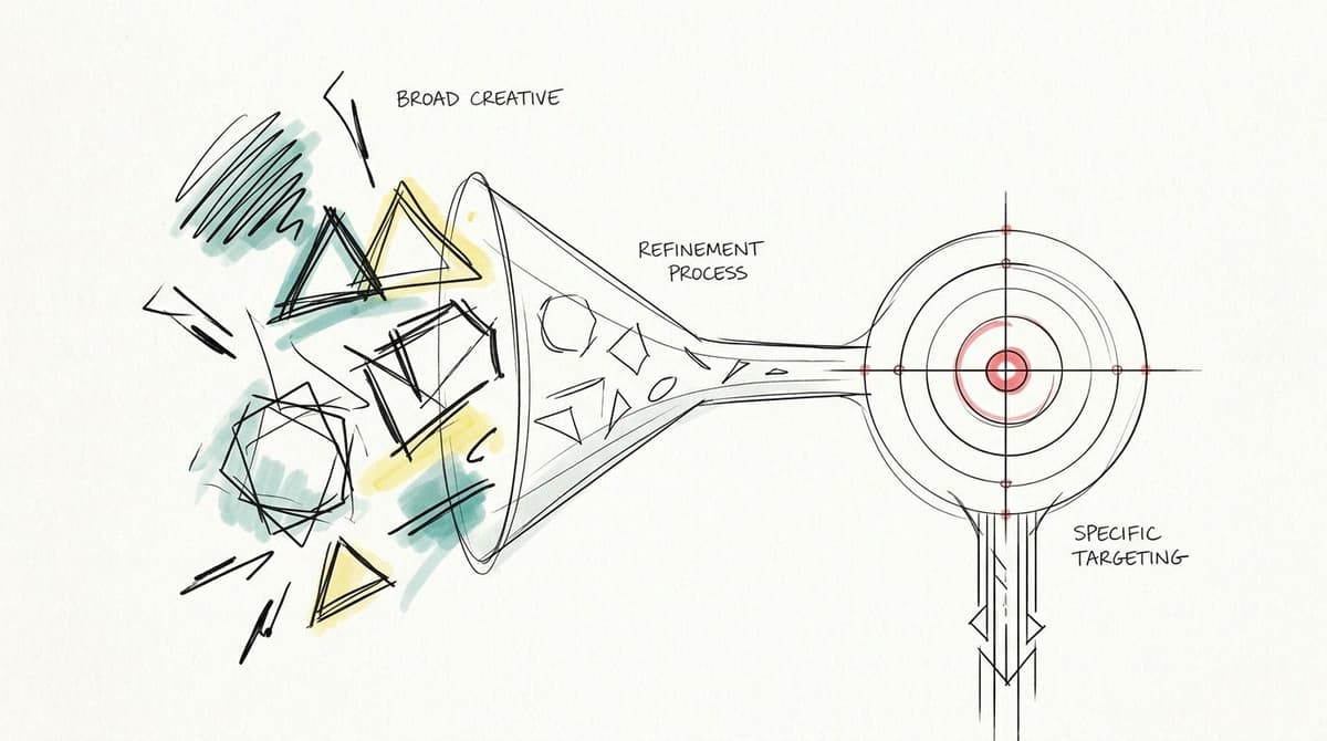 A hand-drawn sketch illustrating a creative funnel process moving from broad ideas to specific target marketing.