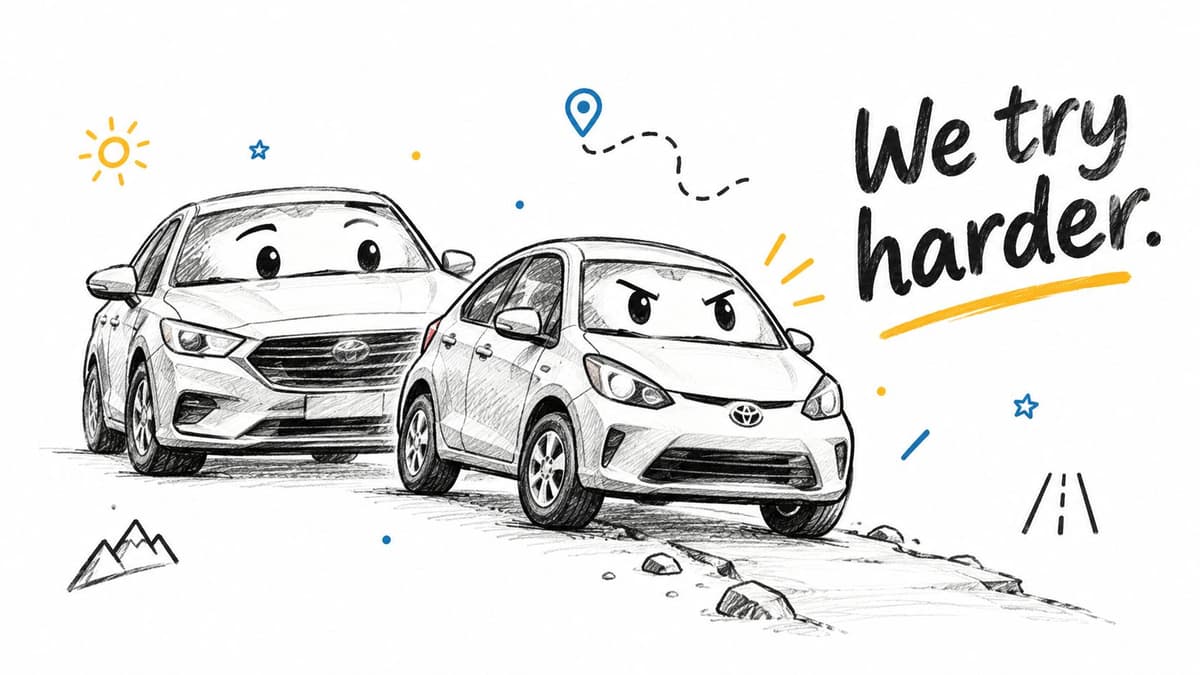 A pencil sketch style drawing featuring two cartoon-faced Toyota cars driving on a rocky road path.