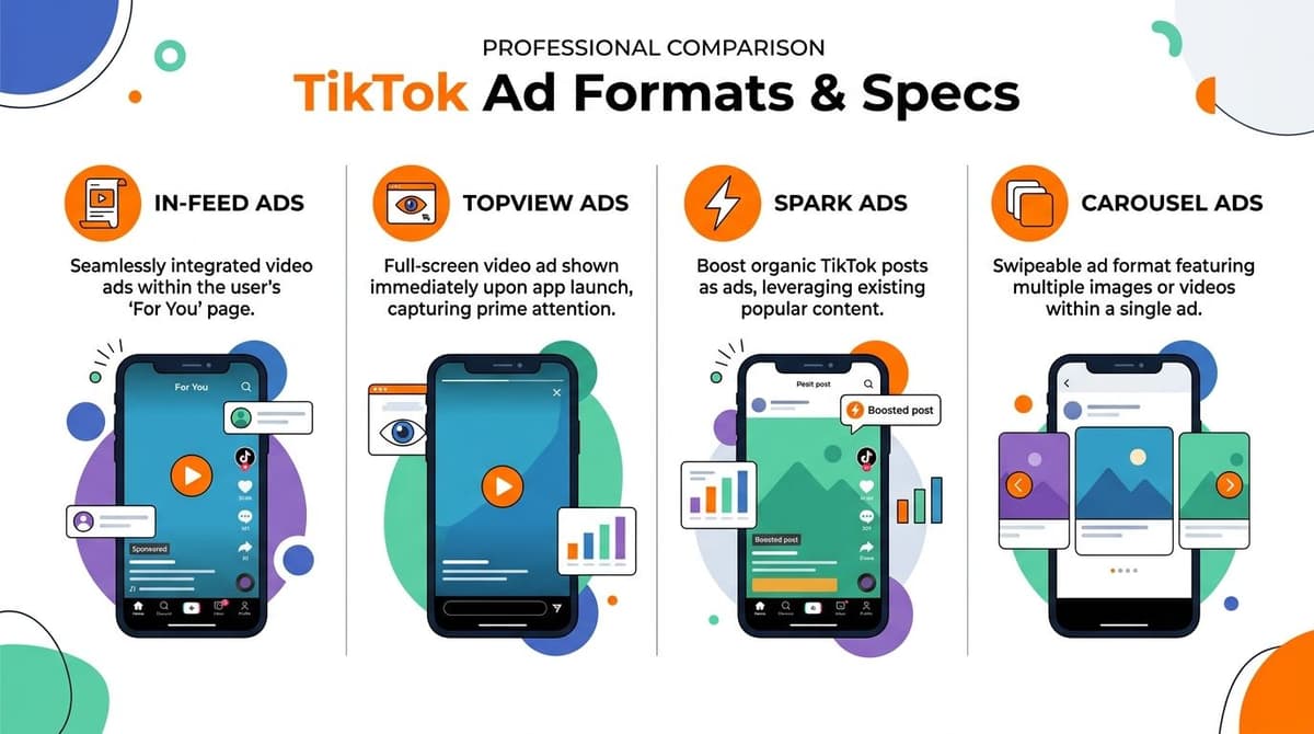 An infographic illustrating four types of TikTok advertising formats, including In-Feed, TopView, Spark, and Carousel ads.