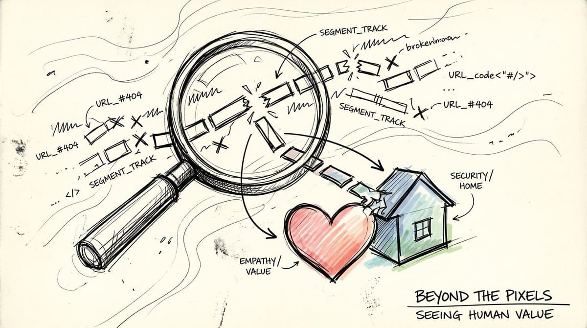 A hand-drawn sketch showing a magnifying glass examining broken web segments, leading to a home and heart.