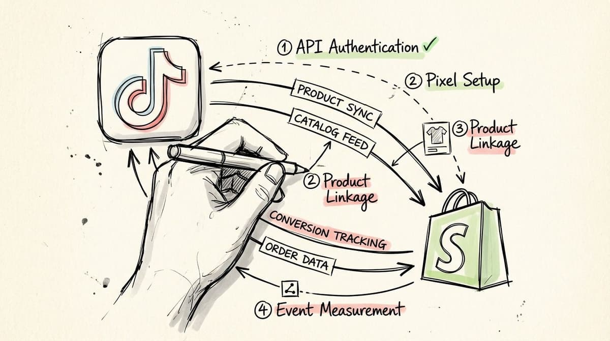 A hand-drawn sketch illustrating the integration workflow between TikTok Ads and a Shopify store platform.