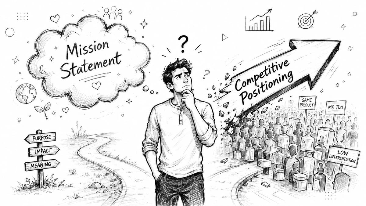 A person contemplating the balance between a meaningful mission statement and strategic business competitive positioning.