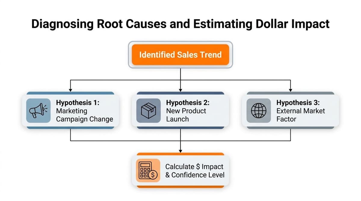 Flowchart illustrating the process of diagnosing root causes for an identified sales trend and calculating dollar impact.