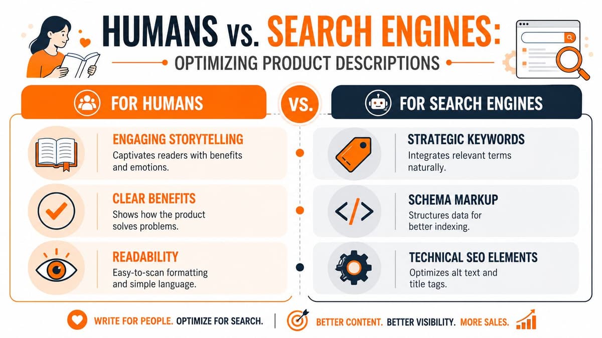 A comparison infographic showing how to optimize product descriptions for both human readers and search engines.