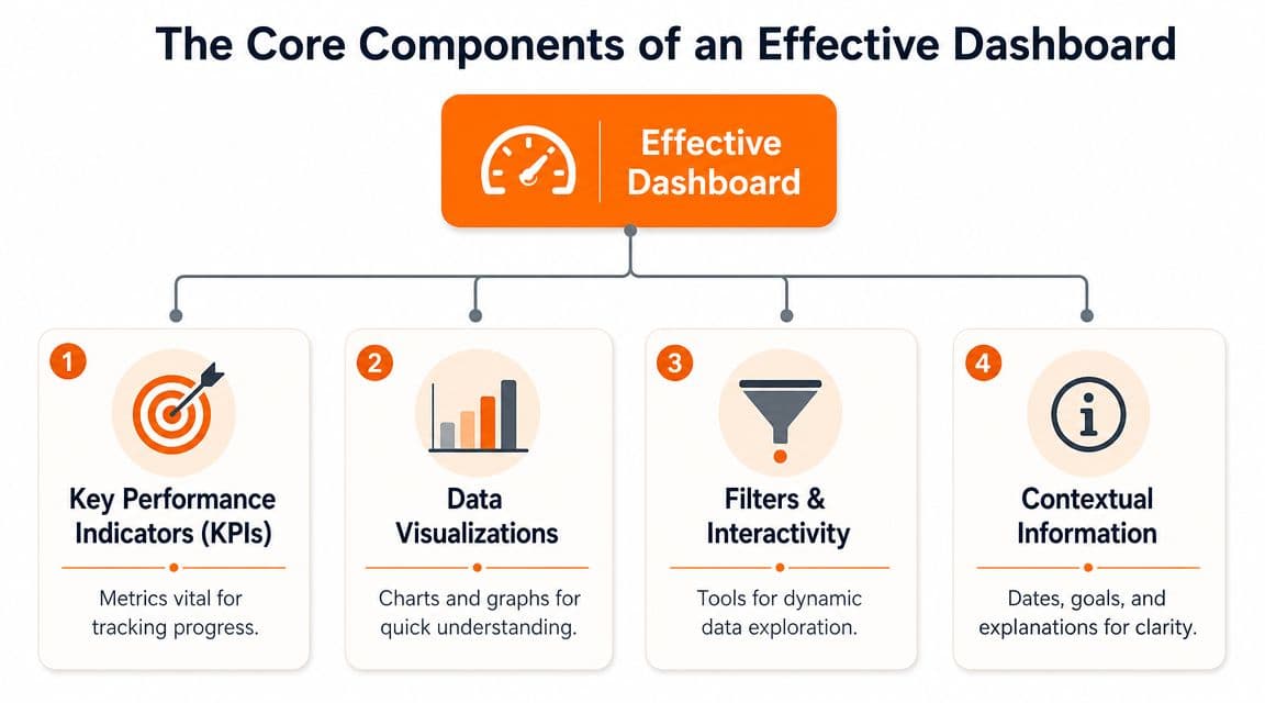 A diagram illustrating the four core components of an effective data dashboard: KPIs, visualizations, interactivity, and context.