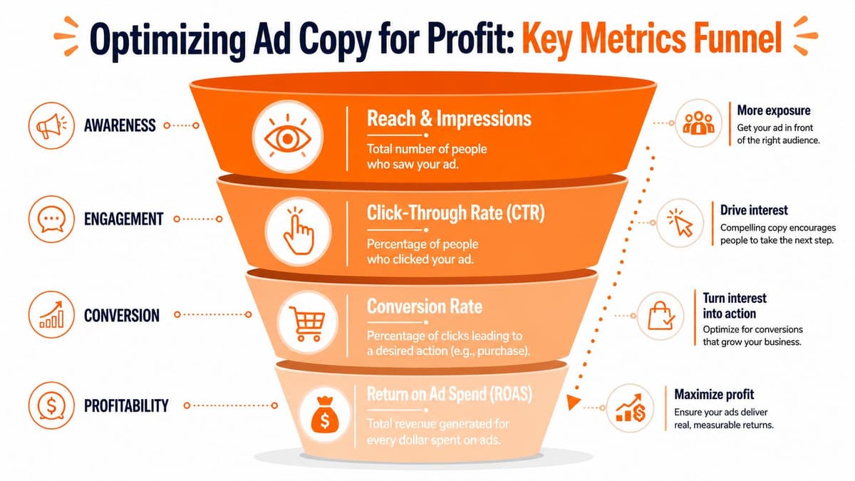 A funnel diagram illustrating the key metrics for optimizing Facebook ad copy for business profitability.