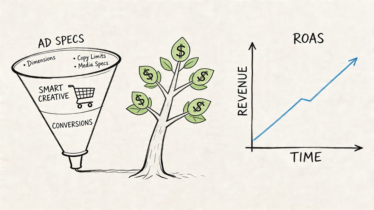 A hand-drawn illustration showing a marketing funnel leading to a money tree and a rising revenue graph.