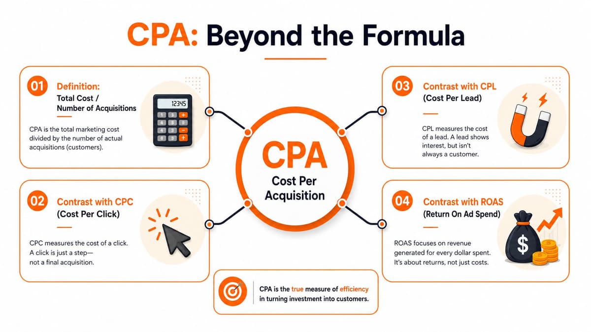 An infographic explaining CPA as the cost per acquisition compared with CPL, CPC, and ROAS metrics.