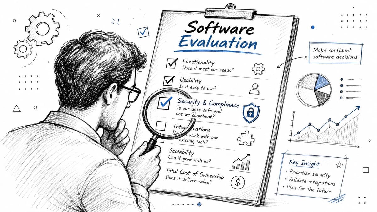 A professional analyzing a software evaluation checklist with a magnifying glass to ensure informed software decisions.